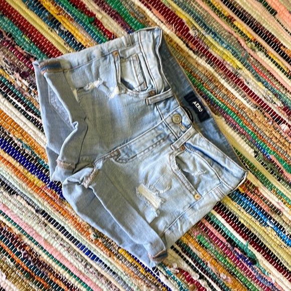 AERO Lt Blue Distressed MIDI Denim Shorts- #1813 - Picture 2 of 13